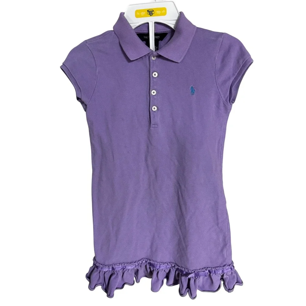 Ralph Lauren Girls Purple Ruffle Hem Polo Shirt Size 6X Short‎ Sleeve Cotton